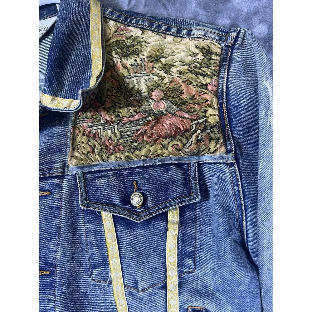 Windbreaker Vintage Denim Jacket XL Tapestry Panels Acid Wash Blue Yellow Trim